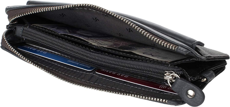 STARHIDE Womens Beautiful Real Soft Leather Wallet RFID Blocking Full Zip Around Designer Cardholder Money Pouch Purse 5615 (Black/Grey)
