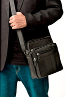 RAS Real Leather Handbag, Cross Body Shoulder Bag, Messenger Bag with 4 Zipped Compartments, Adjustable Single Shoulder Strap for Men’s Women (Black)