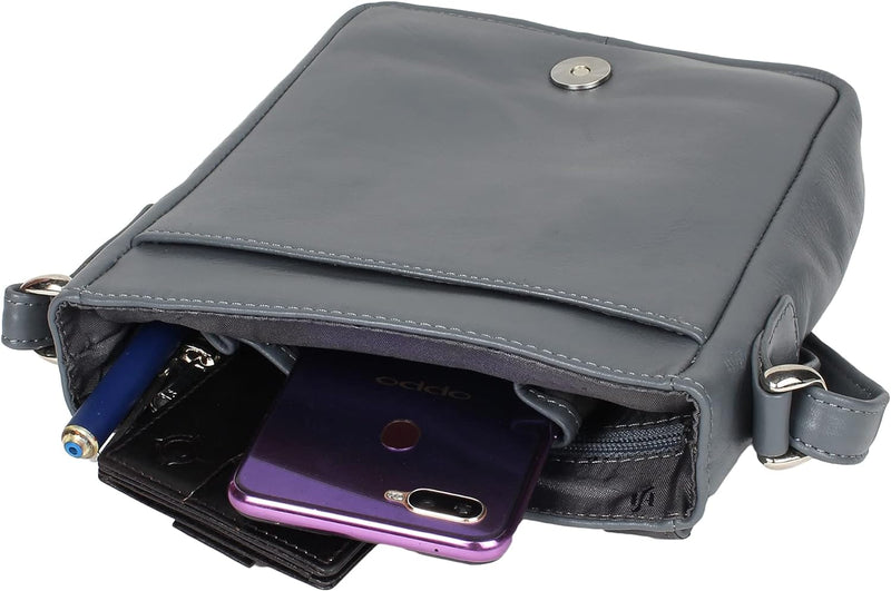 STARHIDE Ladies Soft Premium Leather Shoulder/Cross Body Bag with Front Flip Opening 570 (Grey/Black)