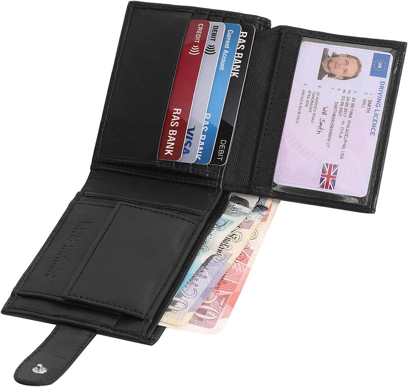 RAS Handcrafted Black Leather Trifold Wallet with RFID Blocking & Flip-Up ID Slot – Men’s Coin Pocket Wallet 350 (Black)