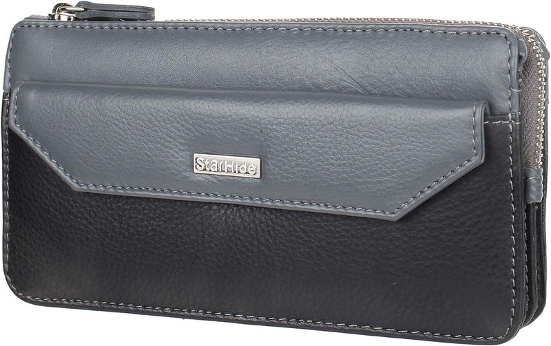 STARHIDE Womens Beautiful Real Soft Leather Wallet RFID Blocking Full Zip Around Designer Cardholder Money Pouch Purse 5615 (Black/Grey)