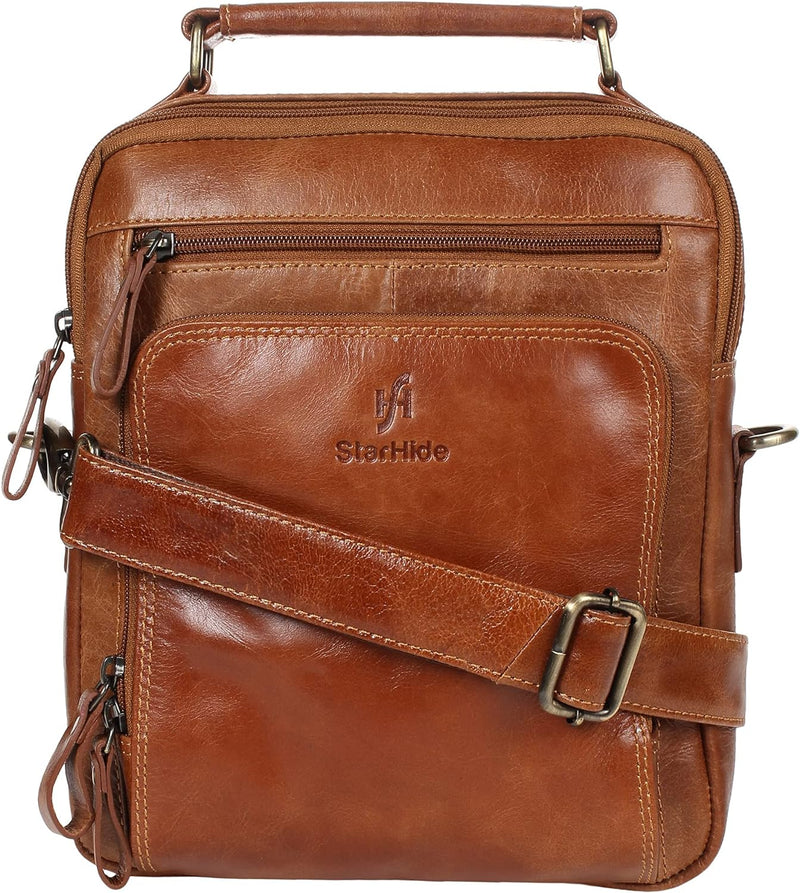 STARHIDE Mens Womens Oil Tanned Genuine Leather Travel Messenger Bag For Ipad Tablet 575 (Tan)