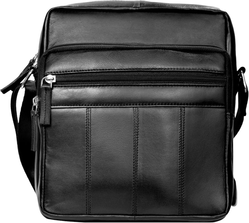 RAS Real Leather Handbag, Cross Body Shoulder Bag, Messenger Bag with 4 Zipped Compartments, Adjustable Single Shoulder Strap for Men’s Women (Black)