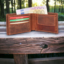 Morucha Mens Genuine Distressed Hunter Leather RFID Blocking Billfold Wallet M20 Dark Brown