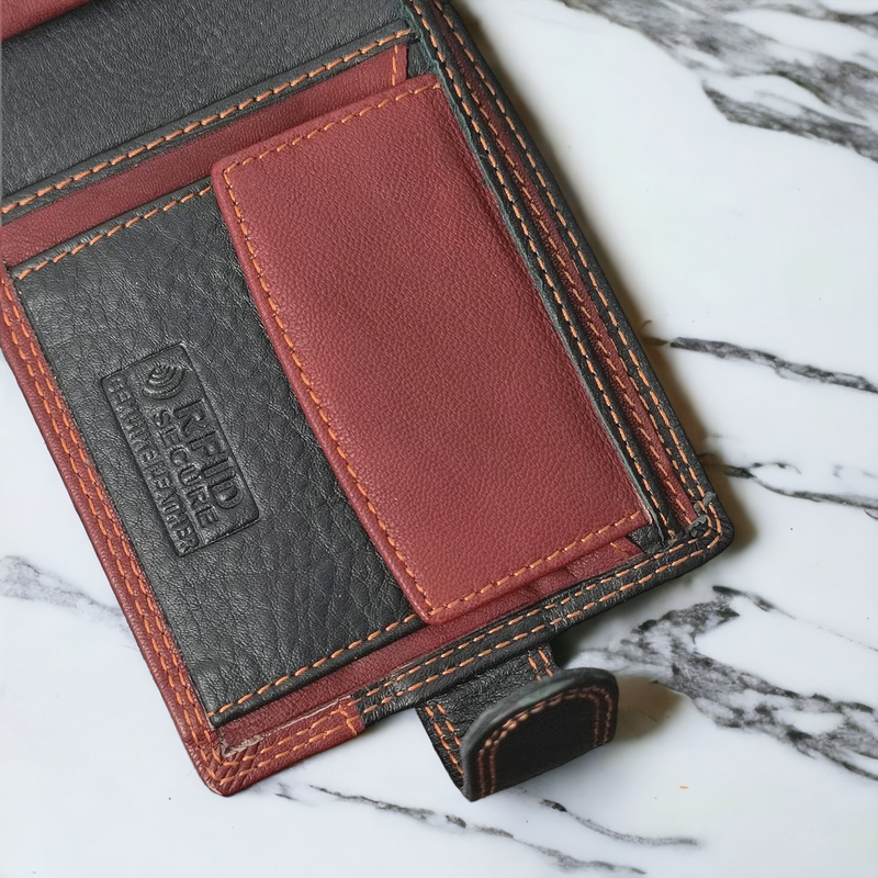 Black Brown Wallet on Marble table