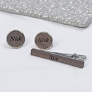 Personalised Cufflinks Tie Clip Gift Set Initials Walnut Wood Best Gift For Him