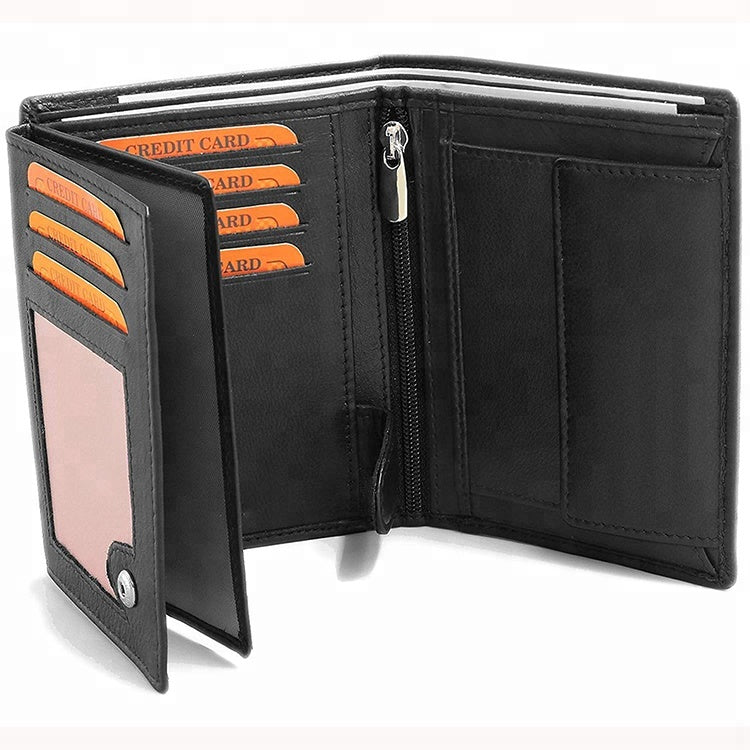 Personalised Men's RFID Blocking Leather Wallet – Custom Name Engraved Bifold Credit Card Holder, Slim Compact Black Wallet with ID Window – Gift for Him