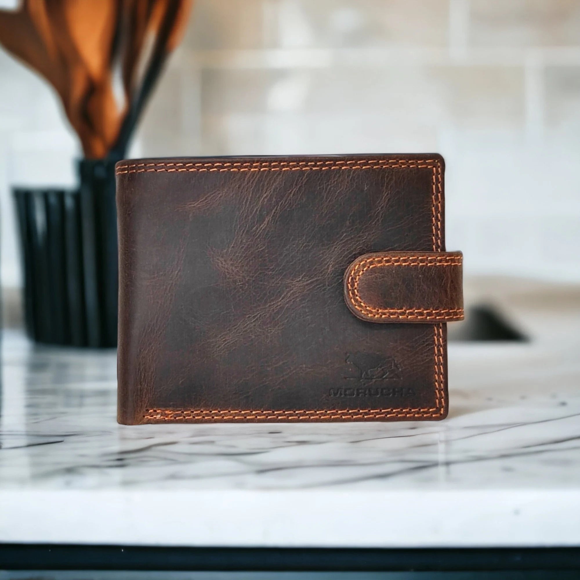 Morucha Mens RFID Blocking Real Distressed Hunter Leather Passcase Wal