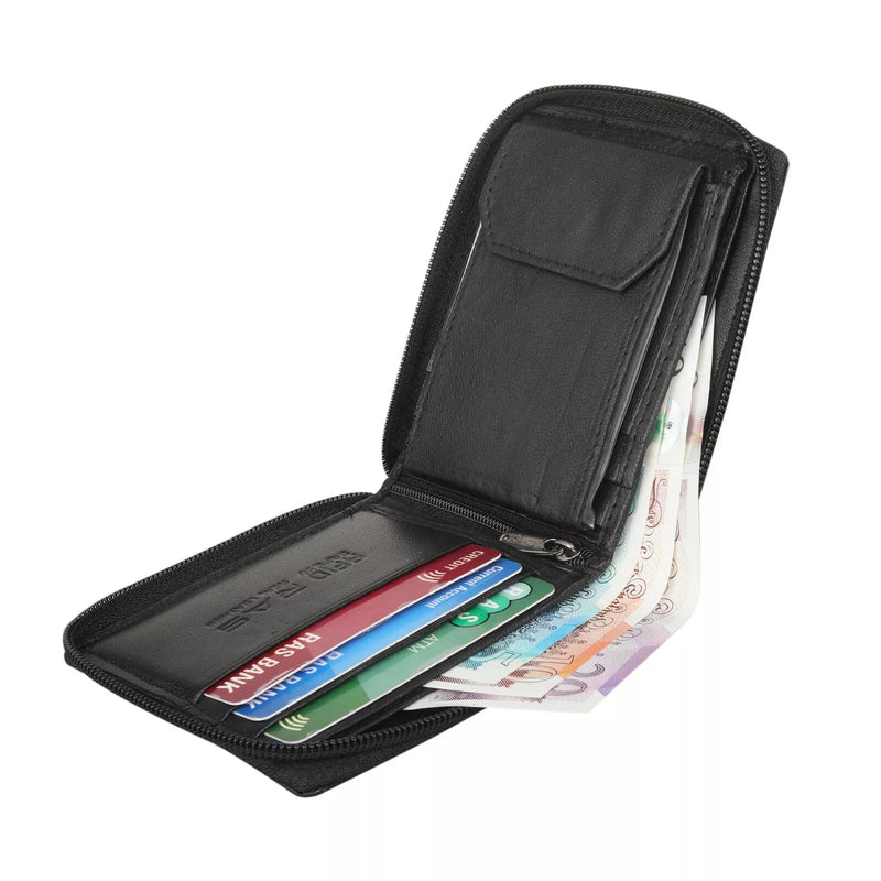 Personalised Men Black Zipped Leather Wallet Cards Notes RFID Fraud Protection
