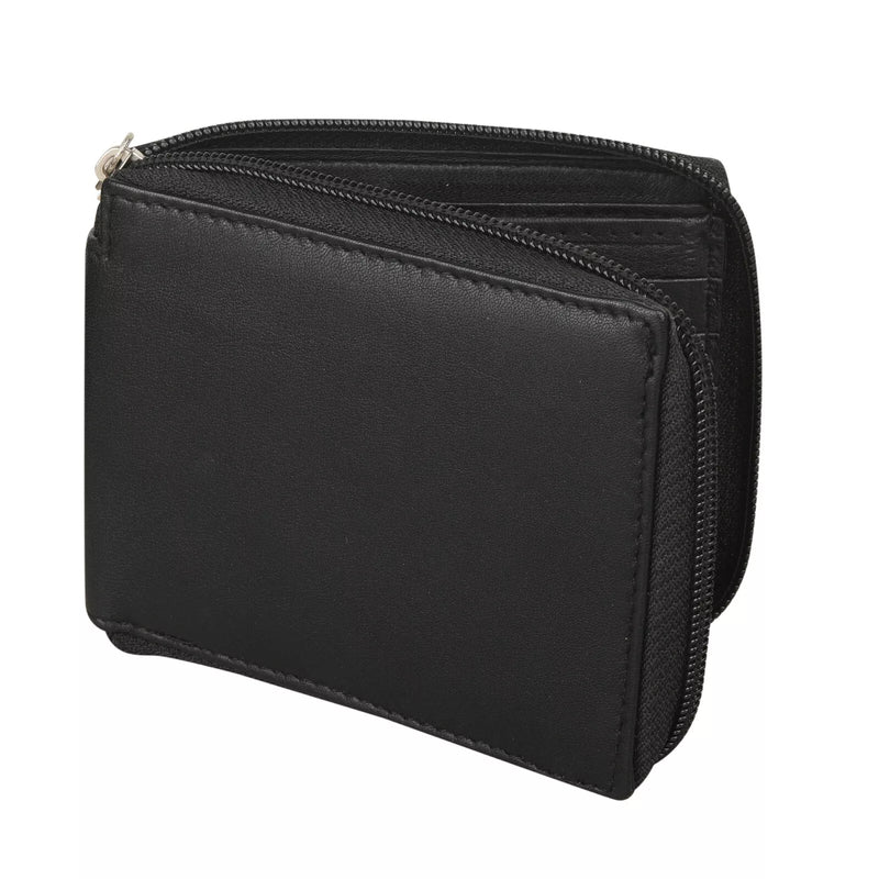 Personalised Men Black Zipped Leather Wallet Cards Notes RFID Fraud Protection