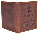 STARHIDE Keep Calm I'm The Worlds Best Dad Mens RFID Blocking Genuine Distressed Hunter Leather Wallet 705 Brown