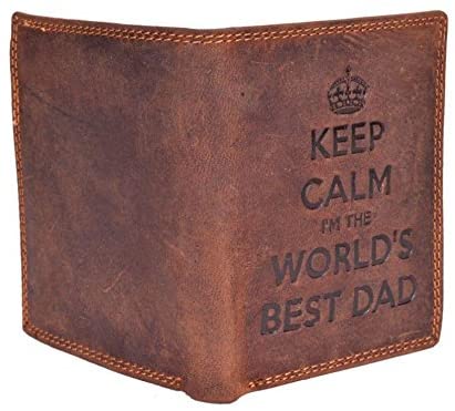 STARHIDE Keep Calm I'm The Worlds Best Dad Mens RFID Blocking Genuine Distressed Hunter Leather Wallet 705 Brown