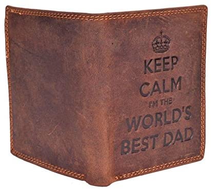 STARHIDE Keep Calm I'm The Worlds Best Dad Mens RFID Blocking Genuine Distressed Hunter Leather Wallet 705 Brown