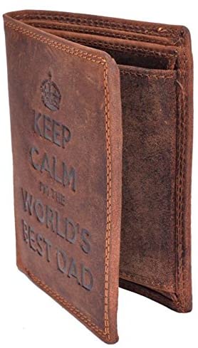 STARHIDE Keep Calm I'm The Worlds Best Dad Mens RFID Blocking Genuine Distressed Hunter Leather Wallet 705 Brown