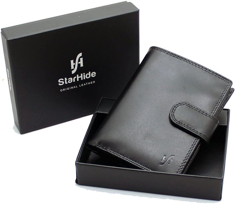 STARHIDE Genuine Leather RFID Shielded Blocking Extra Card Capacity Wallet 1085 (Black)