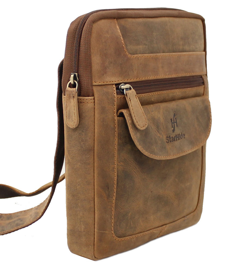 StarHide Mens Womens Soft Genuine Leather Travel Messenger Crossbody Pouch Bag for Ipad Tablet 505