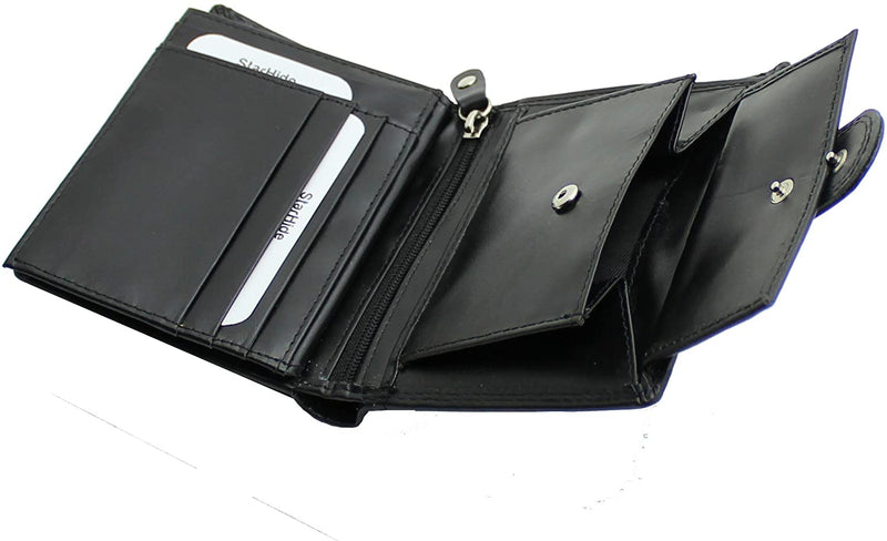 STARHIDE Genuine Leather RFID Shielded Blocking Extra Card Capacity Wallet 1085 (Black)