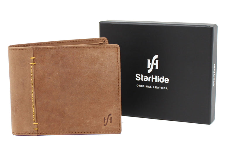 STARHIDE Genuine Distressed Hunter Leather RFID Blocking Coin Pocket Wallet For Men 1055