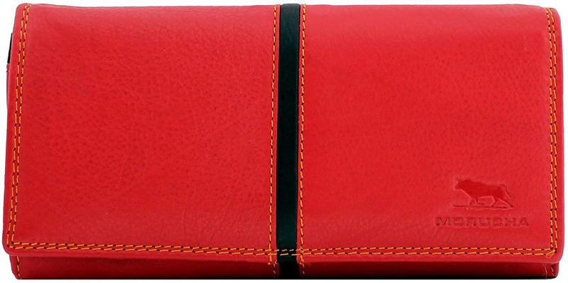 Morucha Long Flap Over Purse For Women Genuine Leather RFID Blocking Clutch Wallet M15 (Red & Black)