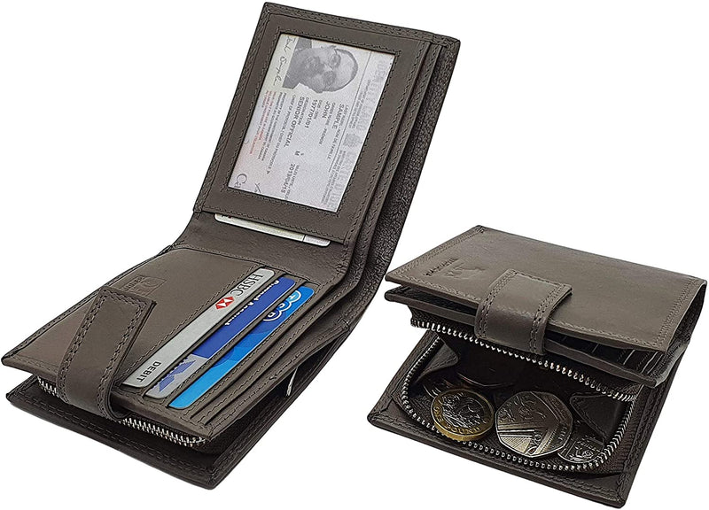 Morucha Mens RFID Blocking Wallets Real Leather Passcase Wallet with A Large Zip Around Coin Pocket M70 (Grey)
