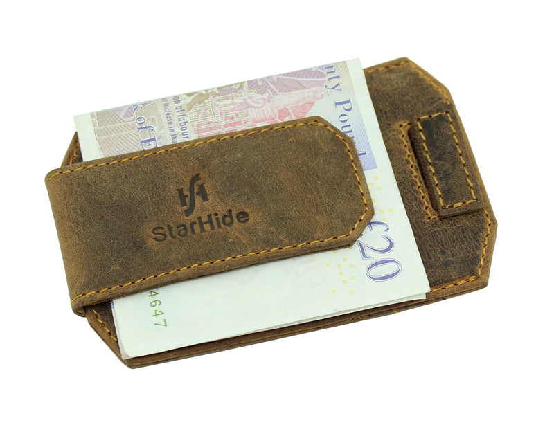 STARHIDE Mens RFID Blocking Real Distressed Hunter Leather Minimalist Card Holder Wallet With Magnetic Money Clip 725 Brown