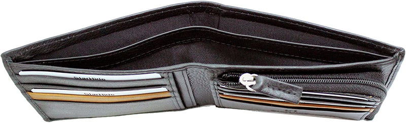 Mens RFID Blocking Soft Nappa Leather Zip Coin Pocket Bifold Wallet 110 Black