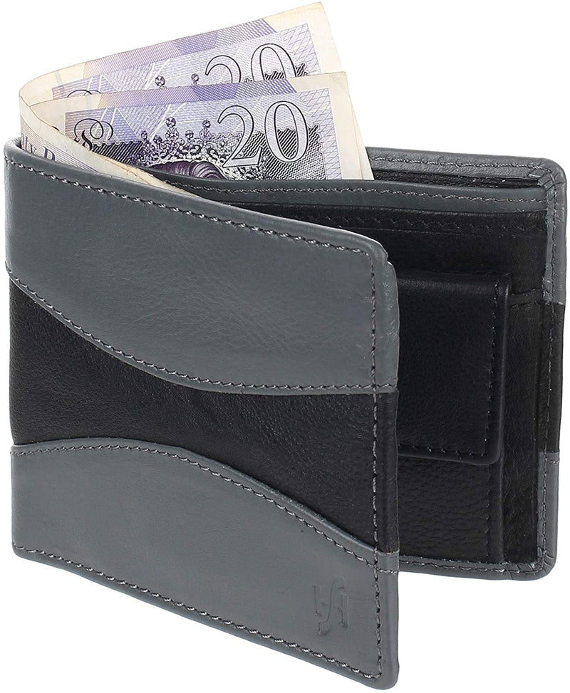 STARHIDE Mens RFID Blocking Classic Bifold Coin Pocket Leather Wallet with Gift Box 745 (Grey Black)