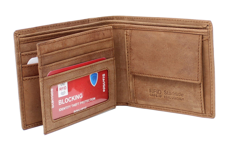 STARHIDE Genuine Distressed Hunter Leather RFID Blocking Coin Pocket Wallet For Men 1055