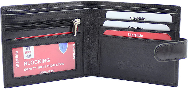 Starhide Essentials RFID Blocking Genuine Leather Billfold Wallets for Men with Zip Coin Pocket Gift Box 1100 (Black)