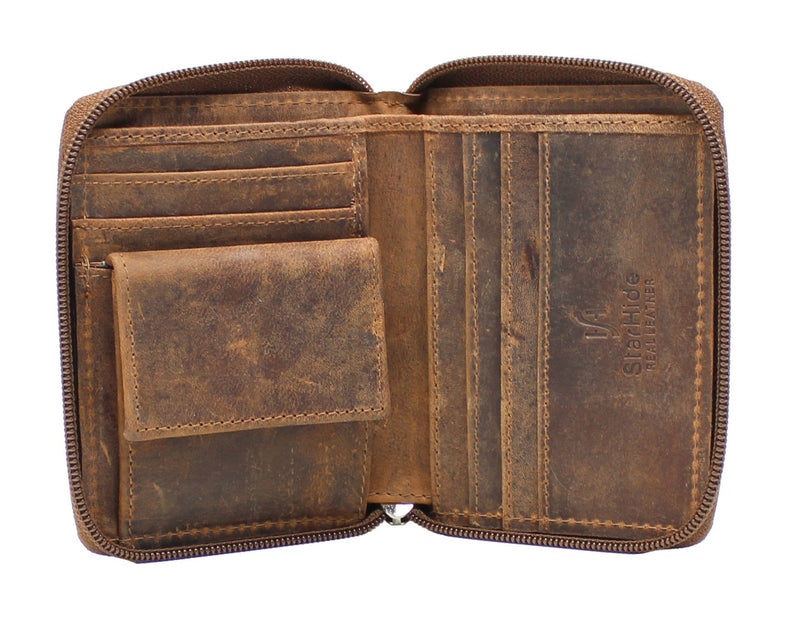 Starhide Mens Brown RFID Blocking Full Zip Around Distressed Hunter Leather Coin Pocket Wallet 720
