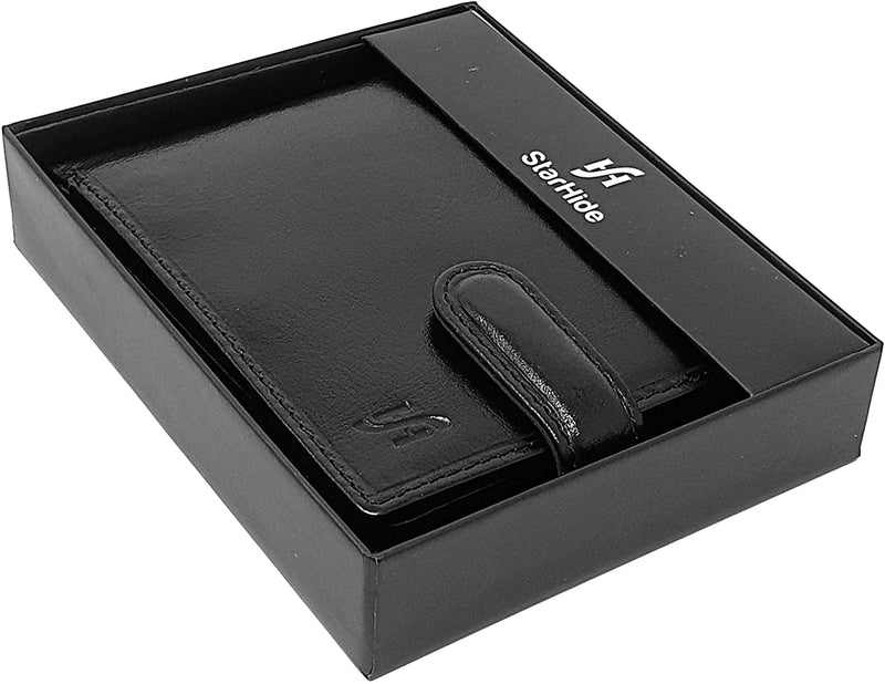 Starhide Essentials RFID Blocking Genuine Leather Billfold Wallets for Men with Zip Coin Pocket Gift Box 1100 (Black)