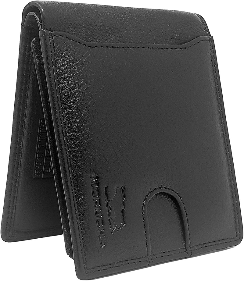 MORUCHA Mens Black RFID Blocking Wallet with External Quick Tap & Go Card Pocket Slim Genuine Leather Billfold 2 ID Card Holder Wallet