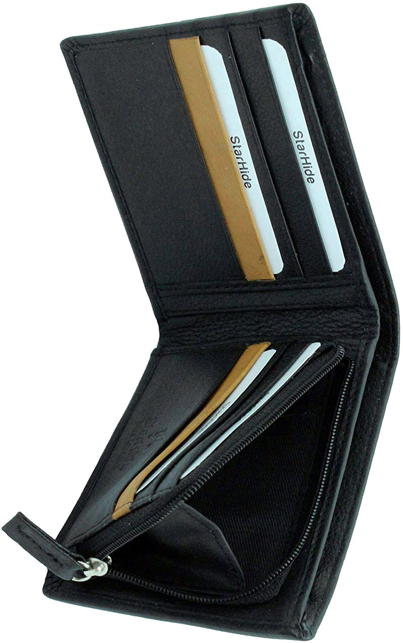 Mens RFID Blocking Soft Nappa Leather Zip Coin Pocket Bifold Wallet 110 Black