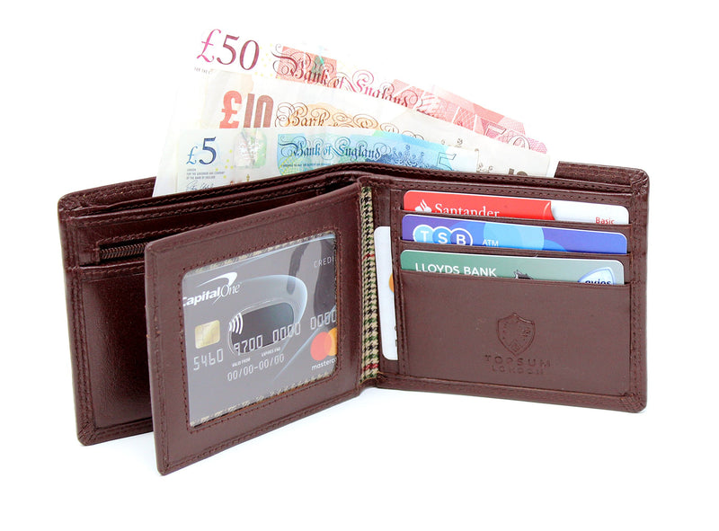 TOPSUM LONDON Mens RFID Blocking Soft Vt Leather Trifold Wallet With A Zipped Coin Pocket 4015