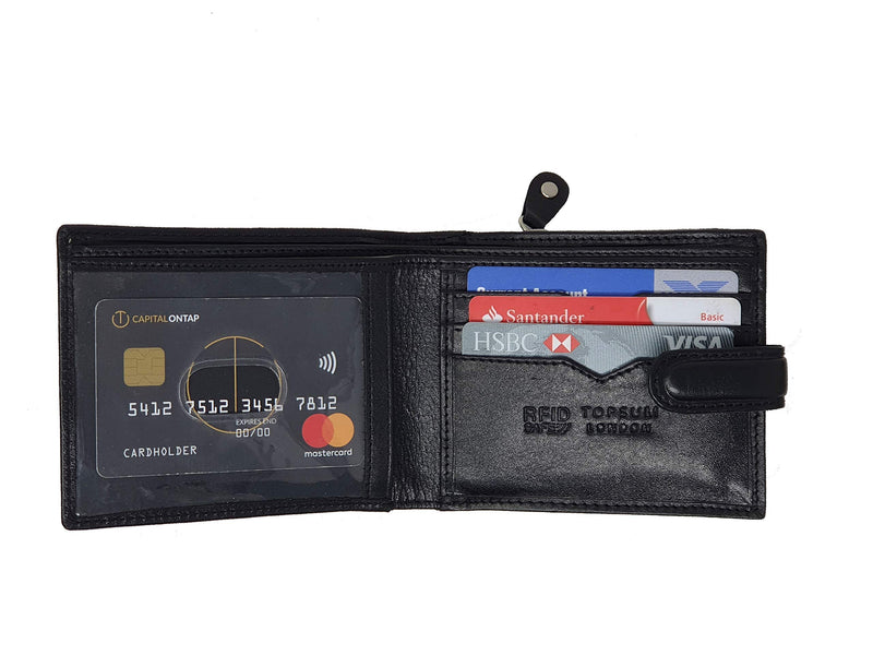 TOPSUM LONDON Mens RFID Blocking Genuine Leather Bifold Wallet With A Zipped Coin Pocket and ID Window 4011 Black