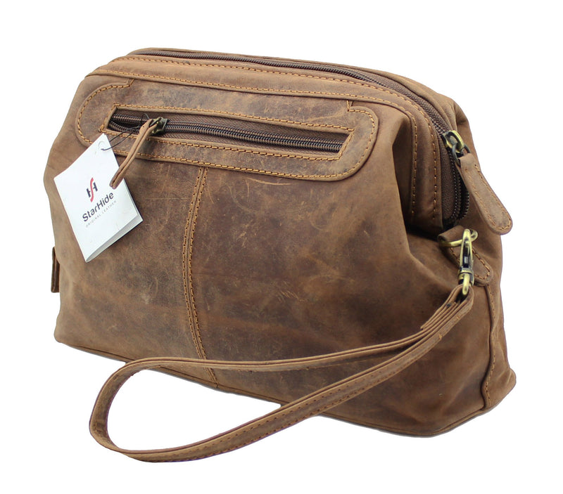 STARHIDE Top Framed Zipped Genuine Distressed Hunter Leather Hanging Toiletry Wash Shaving Cosmetic Bag 550 Brown