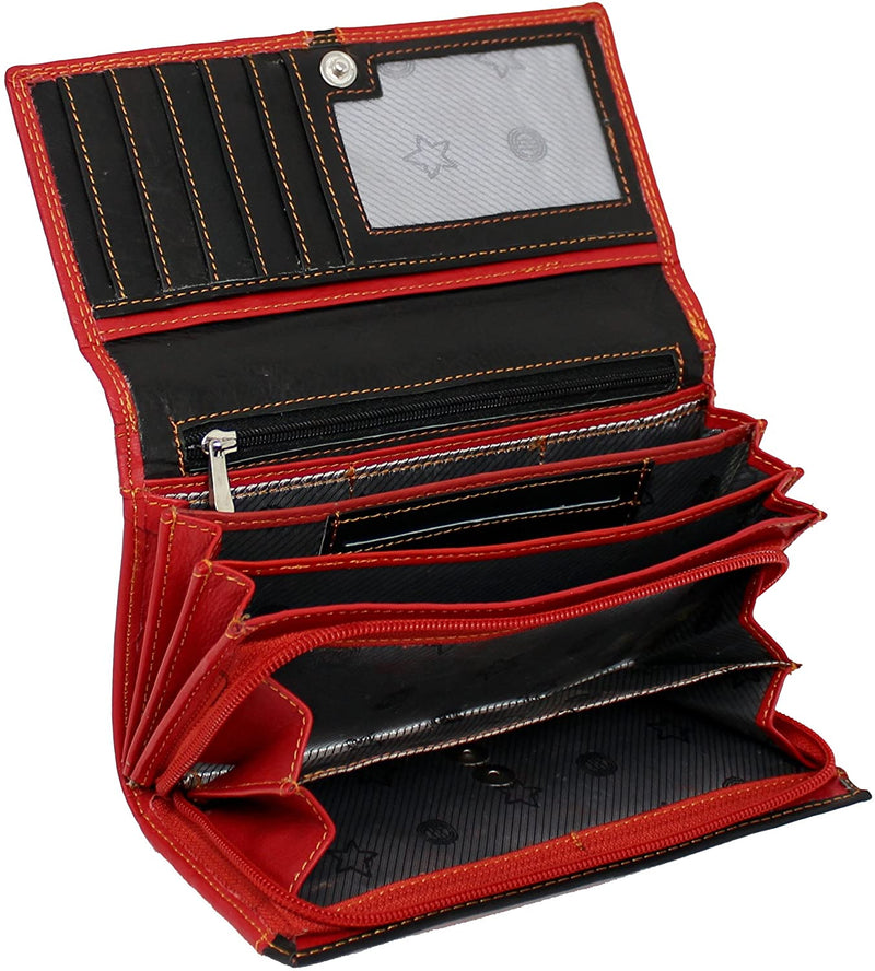 Morucha Long Flap Over Purse For Women Genuine Leather RFID Blocking Clutch Wallet M15 (Red & Black)