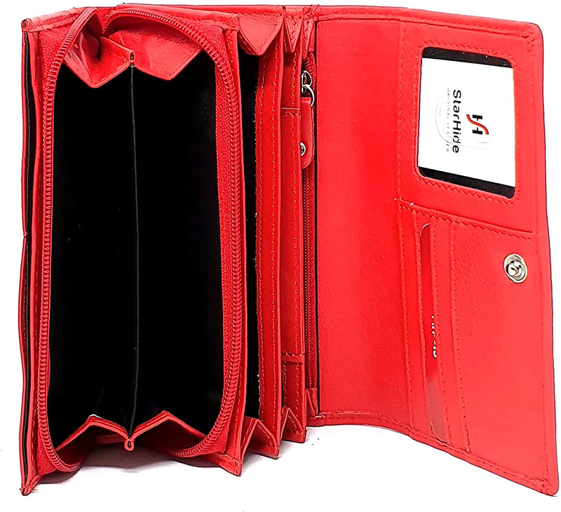 STARHIDE Ladies Soft Genuine Leather Flap Over Purse Multi Credit Card Slots 5510