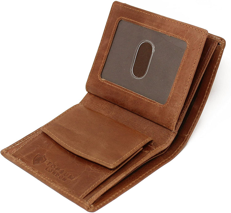 Mens RFID Blocking Real Distressed Leather Trifold Id and Coin Pocket Wallet For Men 4020 Tan