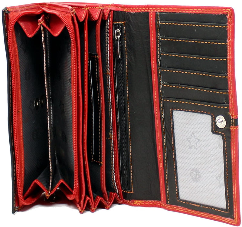 Morucha Long Flap Over Purse For Women Genuine Leather RFID Blocking Clutch Wallet M15 (Red & Black)