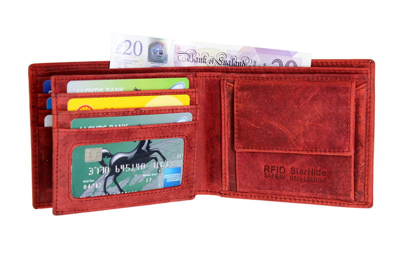 STARHIDE Genuine Distressed Hunter Leather RFID Blocking Coin Pocket Wallet For Men 1055