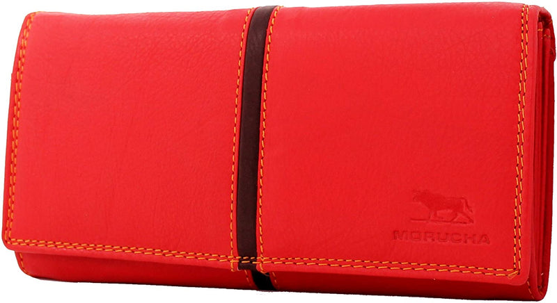 Morucha Long Flap Over Purse For Women Genuine Leather RFID Blocking Clutch Wallet M15 (Red & Black)