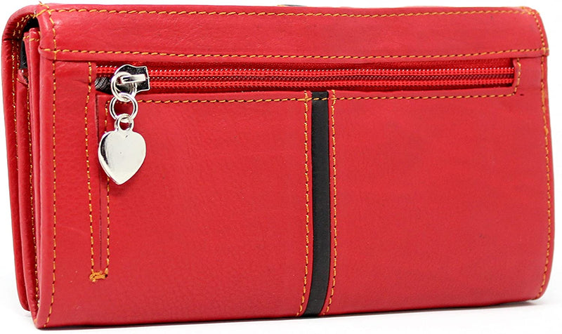 Morucha Long Flap Over Purse For Women Genuine Leather RFID Blocking Clutch Wallet M15 (Red & Black)