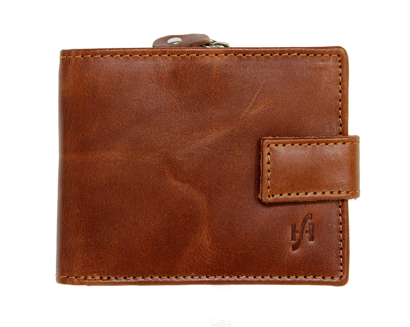 STARHIDE Mens Genuine Distressed Leather RFID Blocking Wallet With Zipped Coin Pocket On The Side 1180 Tan