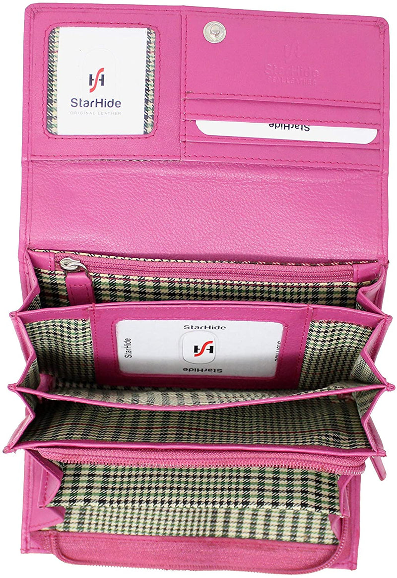 STARHIDE Ladies Soft Genuine Leather Flap Over Purse Multi Credit Card Slots 5510