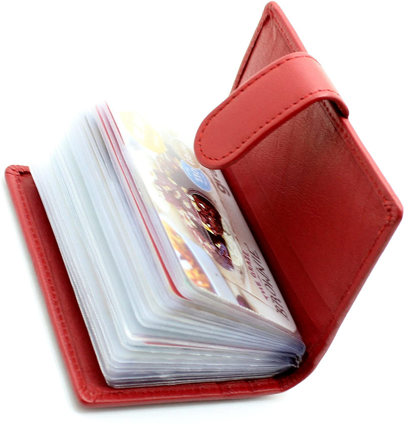 Genuine Softleather Credit Card Holder Wallet - 20 Clear Plastic Pockets - 4 Further Card Slots- Popper Fastening (Red) by Ras Wallets