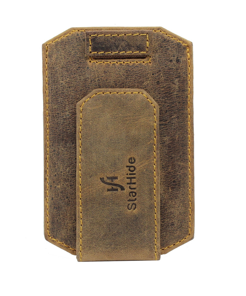STARHIDE Mens RFID Blocking Real Distressed Hunter Leather Minimalist Card Holder Wallet With Magnetic Money Clip 725 Brown