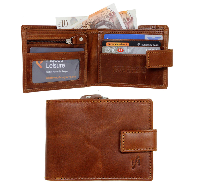 STARHIDE Mens Genuine Distressed Leather RFID Blocking Wallet With Zipped Coin Pocket On The Side 1180 Tan