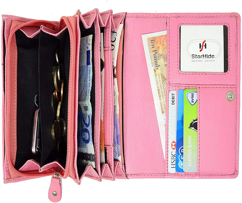 STARHIDE Ladies Soft Genuine Leather Flap Over Purse Multi Credit Card Slots 5510
